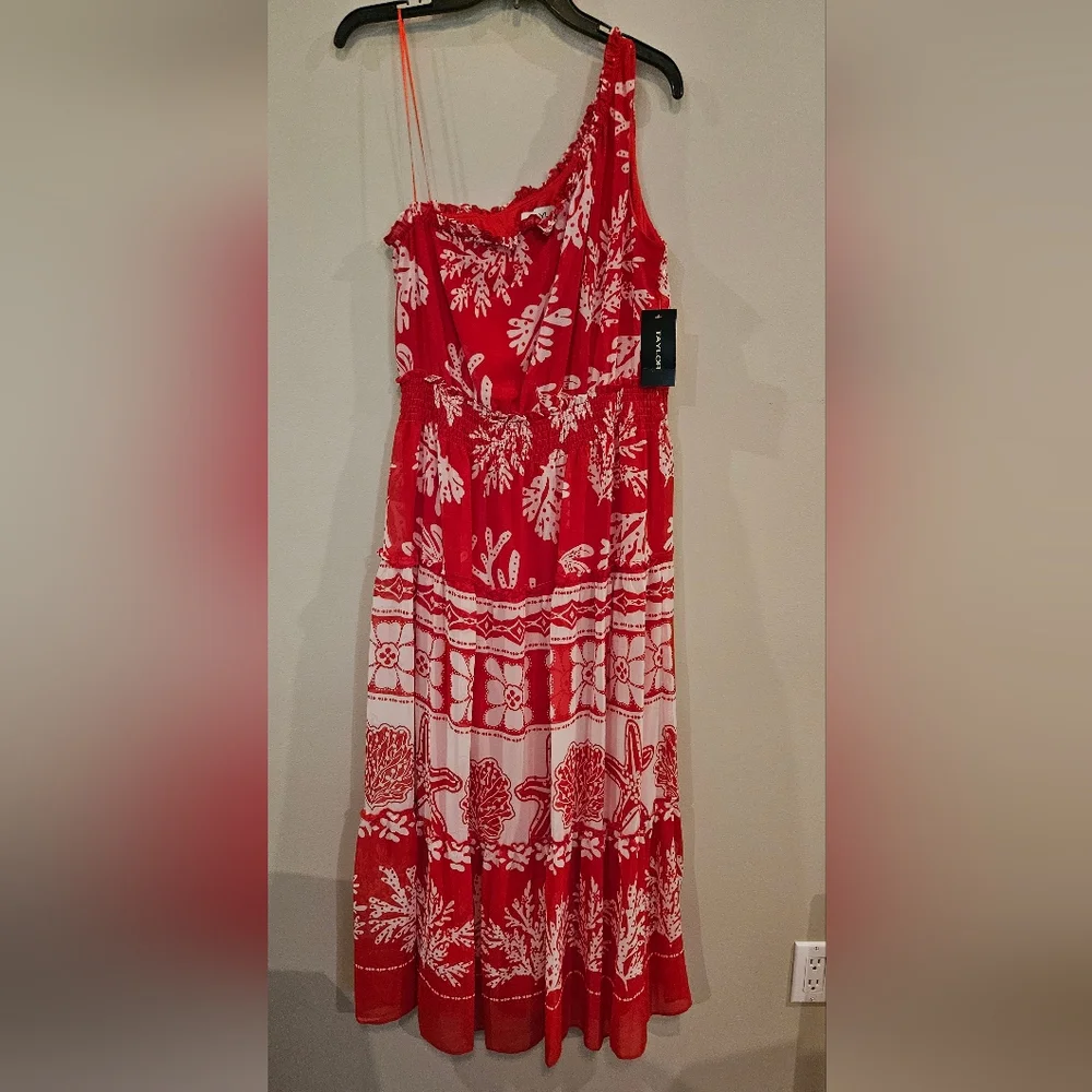 Taylor One-shoulder Tiered Dress Size- 12 Color-Red & White Coral/Starfish Print